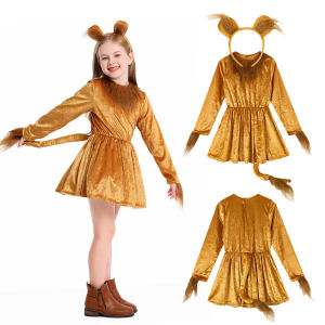 LOlanta Girls Lion Costume Dress with Ears Headband Tail Kids Animal Halloween Cosplay Outfit 2-14Years