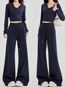 Quần Ống Rộng Thể Thao Màu Xanh Lam Lulu Dành Cho Nữ Mùa Thu 2025 Quần Dài Ống Đứng Cạp Cao Có Dây Rút Quần Dài Thường Ngày Phong Cách Mỹ