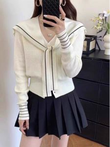 Short Knitted Sweater Skirt Set Navy Collar Pleated Mini Fashion Sensation Slimming Two-Piece Ensemble for Young Women