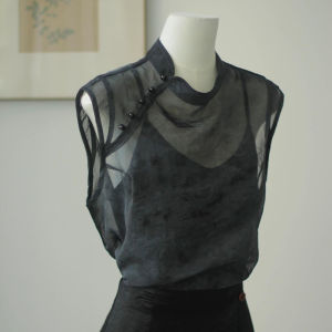 สไตล์จีนใหม่ น้ำหนักเบา บางเท่า ผ้าไหม Acetate เสื้อกั๊ก ชุดสองชิ้น ลูกไม้ เสื้อเชิ้ตแขนเล็ก หลวม Fit Button-up ผู้หญิง Wear