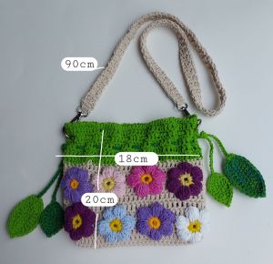 กระเป๋าถัก by DaCraftHouse กระเป๋าแบบสะพาย ตกแต่งด้วยดอกไม้หลากสี ถักด้วยเชือกฟอก ฝ้าย 100% ขนาด 18×20cm.