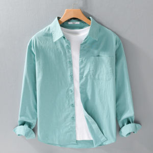 Spring Autumn Thin Cotton Mens Long Sleeve Casual Loose Shirt Simple Versatile Trendy Pure Cotton Outerwear Button Decor