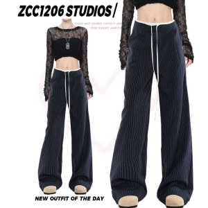 American Retro Patchwork Double Waist Head Fake Two-Piece Stripes Suit Pants Men and Women Loose Wide Leg Casual Long Pants Trendy