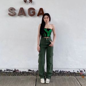 Celana Jeans Wanita - Highwaist Cargo Jeans Wanita - Celana Jeans Cargo Kantong Samping