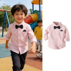 Light Pink Long Sleeve Striped Shirt for Boys Single Piece Spring Autumn Wearable Comfortable Cotton Nylon Blend Shirt