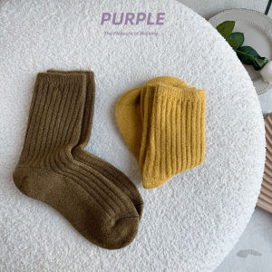 Purple Guys Vertical Bar Wool Socks Children Winter Thickened Pure Cotton Japanese Style Ins Tube Socks Warm Floor Socks