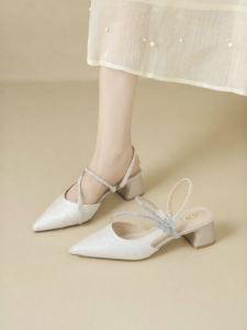 Josiny | Pointed Chunky Heel Crystal Sandals Two Ways Wear