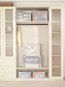 [SG Seller] Transparent Foldable Storage Box with Steel Frame Foldable Clothing Organizer Stackable Storage Box Space-Saving for Clothes Shoes Toys Bedding
