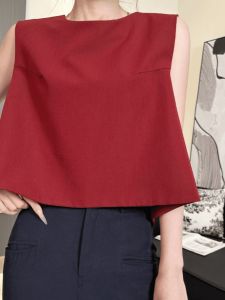 Asymmetric Backless Sleeveless Vest round Neck Doll Shirt Loose Fit Button Splice Decoration Short Length Solid Color Summer Top