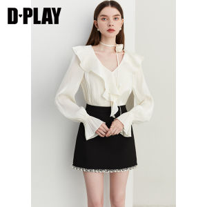 D-PLAY | Elegant Blue V-neck Ruffled Hem Long Sleeve Blouse