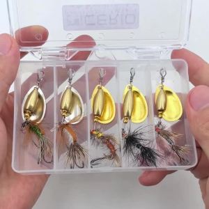 ICERIO 5PCS Rooster Tail Spinnerbait Fishing Lures with Hand-Tied Fly Tail for Trout Bass Pike