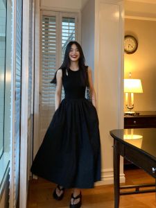 Pusumede Black Hollow out Knitted Vest Dress Womens Summer Design Slimming Midi Skirt Cotton Nylon Spandex round Neck Sleeveless