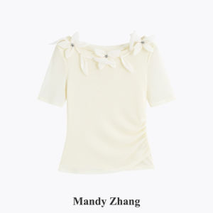 Elegant Yellow Stud Floral Gathered Off-Shoulder T-Shirt