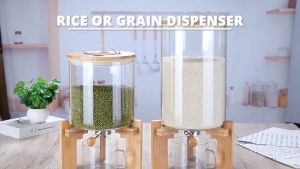 Locaupin 8L Rice Dispenser Borosilicate Glass with Bamboo Lid Food Storage Container Prosperity Rice Jar with Cup