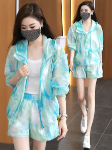 Shalldoer | Womens Sport Sun Protection Set Casual Short Sleeve Long Pants Two-Piece Suit Summer 2025 New Arrival Gradient Color Spray