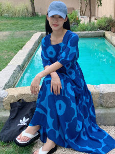 Lightweight Loose Fit Summer Floral Print Silk Cotton Dress Womens Outerwear Comfortable Breathable Long Skirt Korean Style