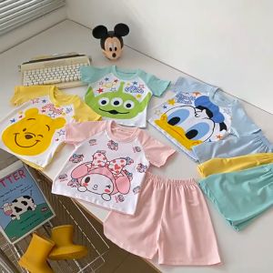 SweetKids พร้อมส่งจากกทม🌸ชุดเด็กลำลอง🍓เสื้อผ้าคอกลมลายการ์ตูนกางเกงขาสั้น สีหวานน่ารัก 2ชิ้น ฤดูร้อน