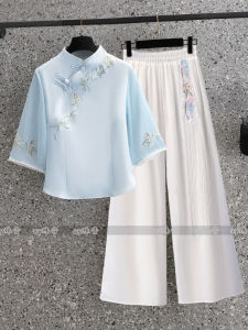 New Chinese Style Workwear Womens Beauty Salon Health Care Center Hanfu Satin Pants Set Improved Cheongsam Top Spring Summer