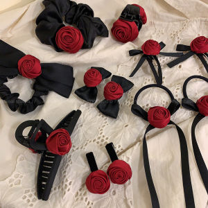 Red Rose Barrettes ~ Vacation Style Seaside Retro French Style Bow Flower Hair Accessories Hair Band Grabber Clip Headdress
