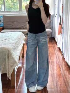 High Waist Wide Leg Jeans Womens Light Blue Washed Straight Leg Long Pants Slimming Effect Spring Autumn High Waist Jeans