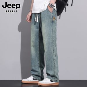 Jeep Spirit Mens Casual Straight Leg Jeans High Street Loose Fit Autumn Wear Versatile Long Trousers Youth Fashion Cotton Blend