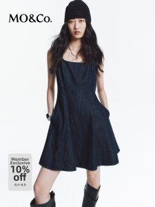 MO&Co. | Autumn New Cotton Linen and Denim Pinafore Dress Square Neck Waist Cinched A-line