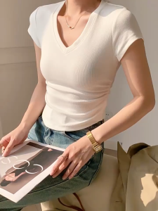 เสื้อยืด เสื้อยืดผู้หญิง แขนสั้นคอวี V มีเชือกรูดเอวด้านข้าง เสื้อแฟชั่นสีทึบ ❤พร้อมส่งจากไทย❤