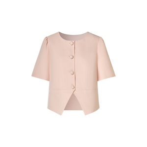 Round Collar Mushroom Button Blazer and Lustrous Pleated Half Skirt Set