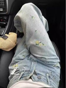 High Waist Wide Leg Embroidered Floral Rhinestone Denim Jeans Women plus Size Loose Straight Cut Trousers Spring Autumn