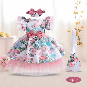 MQATZ 3PCS Girls Flower Dresses Vintage Printing Kids Prom Dress Children Birthday Princess Dresses Party Easter Pageant Gown Vestidos L5535