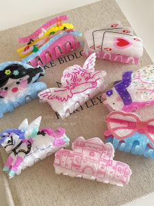 กิ๊บติดผมลายฉลามขนาดใหญ่สุดน่ารักดีไซน์ทันสมัยสำหรับผู้หญิง กิ๊บติดผมทรงเดซิมอลายสีรุ้ง Y2K อเนกประสงค์