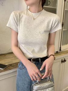 Summer New Arrival K-style Silm Slimming round Neck Pure Color Shoulder Short Sleeve Tops Womens Easiest for Match T-shirt Bottoming Shirt Ins