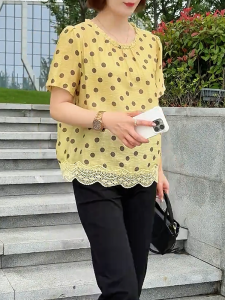 QINGNAER | Lace Edge Stitched Round Neck Large Size Unique Dot Print Shirt