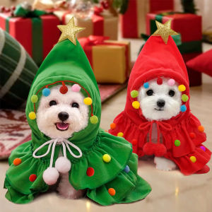 Cat Christmas Outfit Pet Cloak with Hat with Star and Pompoms Puppy Cape Clothes Xmas Tree Elf Costumes Party