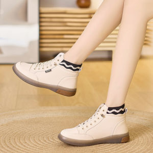 Thickened Fleece Short Martin Boots Womens Genuine Leather Spring Autumn New Style Cow Tendon Bottom Casual High Top White Shoes