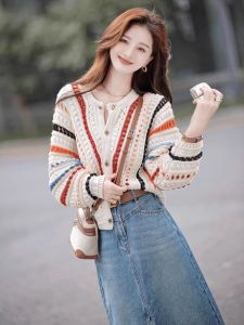 Colorful Striped Knitted Sweater Womens Spring Lazy Loose Design Hooked Flower Hollow out Cardigan Outerwear Top