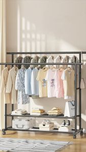 ราวตากผ้า ราวแขวนเสื้อผ้า ราวเหล็กมีล้อ บาร์คู่ ชั้นวาง 2 ชั้น ชั้นวางเสริมด้านข้าง โครงเหล็ก รับน้ำหนักได้ 30 kg พร้อมส่ง JH