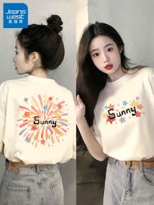Jeanswest Pure Cotton Short Sleeve T-Shirt Womens Summer New Loose Casual Simple Street Style Print Top Half Sleeve