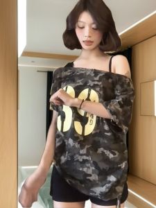 Áo Thun Tay Ngắn Dáng Rộng Phong Cách Retro Mỹ Dành Cho Nữ Cỡ Lớn 300 Pound Thiết Kế Vai Ngang in Họa Tiết camOUfLage Thời Trang Mùa Hè