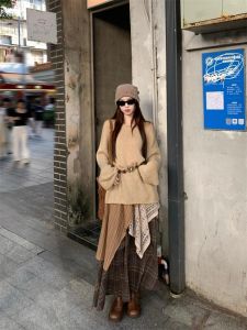 Bohemia Style Suit Womens Autumn New Arrival Lazy and Loose Knitwear Sweater Plaid Skirt Two-piece Set