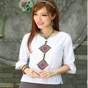 เสื้อยืดคอวีแขน 7/8 ปักลายผ้าฝ้ายลินิน ทรงสลิมฟิต ทรงปกติ ฤดูร้อน 2022 สำหรับผู้หญิง เสื้อเชิ้ตผู้หญิง