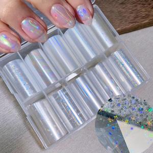 10Rolls/Box Laser Aurora Nail Foil Stickers 4x50cm Iridescent Star Glass Fragment Transfer Decal for Nails Art Decoration Slider
