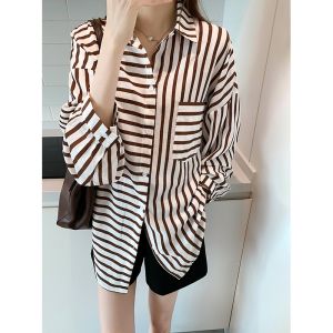 AMILUCK | Personalized Stripe Womens Shirt Autumn New Retro Hong Kong Style Top Lightweight Maturity Design Sensation Shawl Collar Cotton Blend