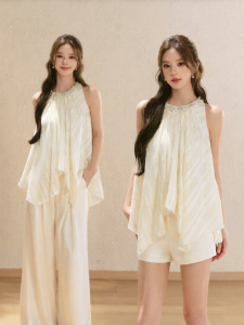 oshea | Áo Blouse Phong Cách Pháp Không Tay Cổ Xếp Có Đính Hạt