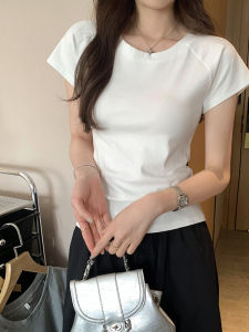 Chic White round Neck Short Sleeve T-Shirt Women Summer Slim Fit U-Neck Pure White Inner Shoulder Insertion Shirt Korean Style Commute