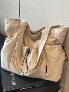 Large Capacity Canvas Tote Bag Womens Casual Single Shoulder Handbag Foldable Student Class Bag Korean Style Soft Nylon Material