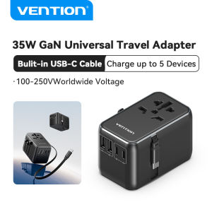 Vention Universal Travel Adapter 35W GaN Travel Charger Built in Cable with International Plug 2 pin to 3 pin plug Multiway Adaptor for China Japan Korea Philippines Power Converter Adapter