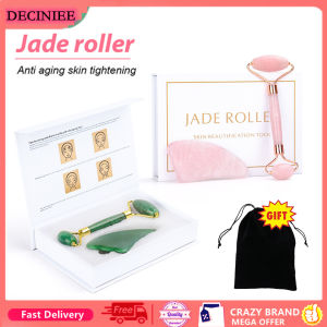 DECINIEE Natural Rose Quartz Jade Roller Gua Sha Scraper Set Facial Roller Massager for Face Body Neck Slimming Skin Care