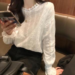 Korean Chic Lace Lantern Sleeve Stand Collar White Shirt Womens Fairy Tale Top Spring Autumn Fashion Overhead Small Shirt