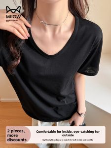 Miiow | Casual Black V-neck Short Sleeve Base Shirt Womens Summer New Style Versatile Thin Cat Person MiiOW Top Loose Fit Pure Color